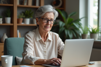 Femme retraitée utilisant un ordinateur dans un bureau moderne