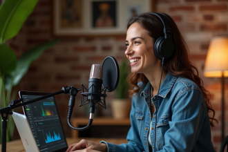 Femme en studio d'enregistrement podcast avec micro et casque