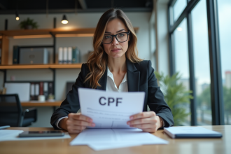 Femme professionnelle examine documents CPF au bureau