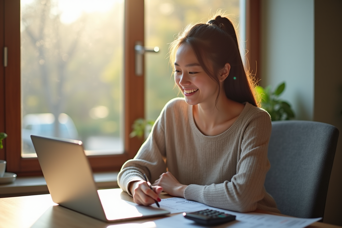 Jeune femme travaillant chez elle avec documents financiers