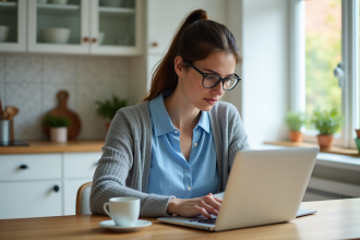 Femme concentrée sur son ordinateur dans une cuisine lumineuse