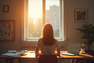 Jeune femme assise à un bureau regardant par la fenêtre
