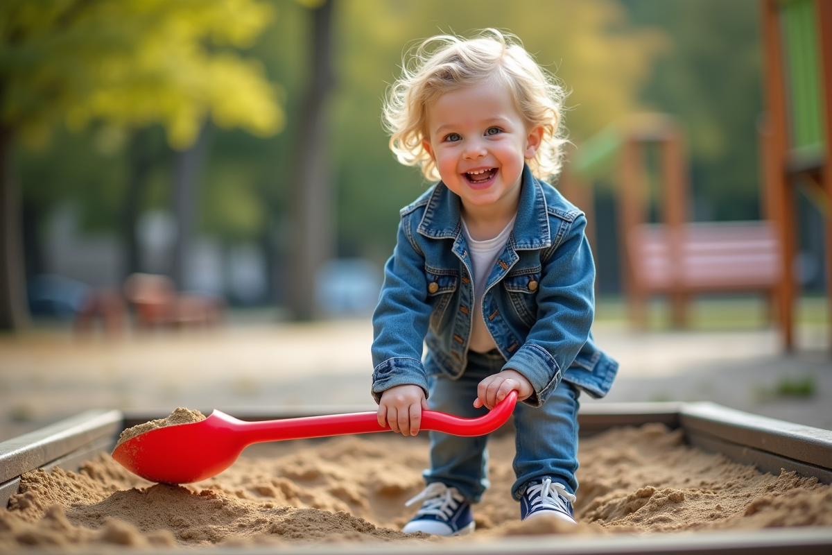 Garçon de deux ans joue dans le bac à sable du parc