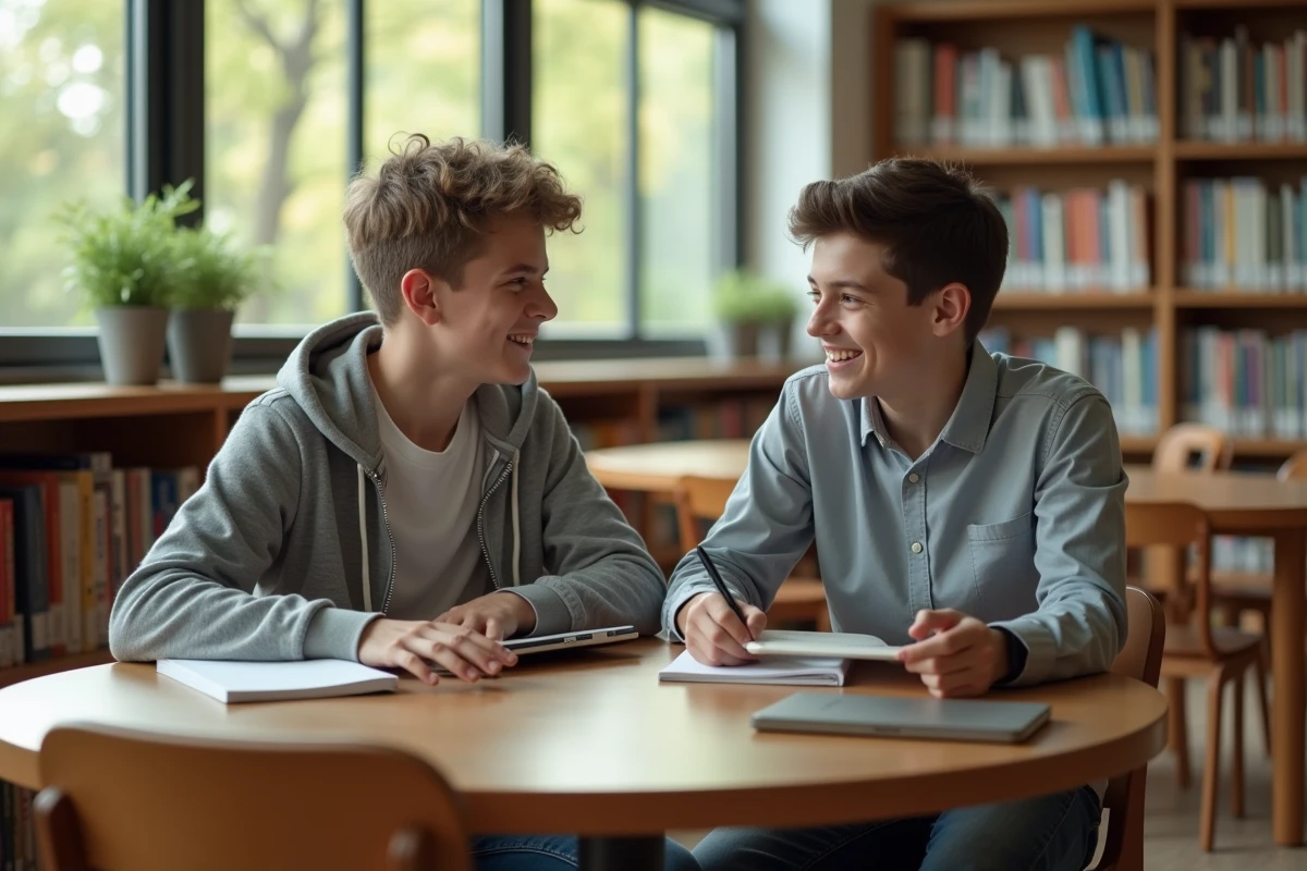 Deux adolescents discutant dans une bibliothèque lumineuse