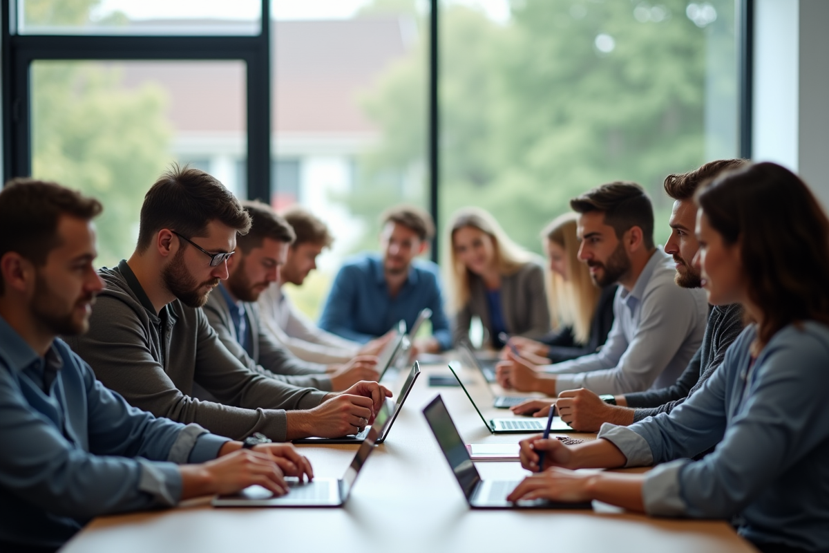 Groupe d'adultes en formation dans une salle lumineuse
