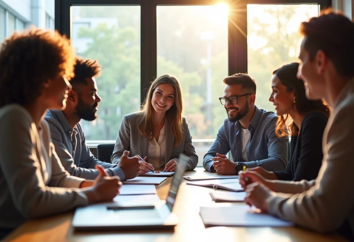 Groupe de personnes discutant autour d'une table lumineuse