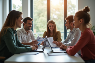 Groupe diversifié discutant autour d'une table avec ordinateurs et brochures pour l'éducation