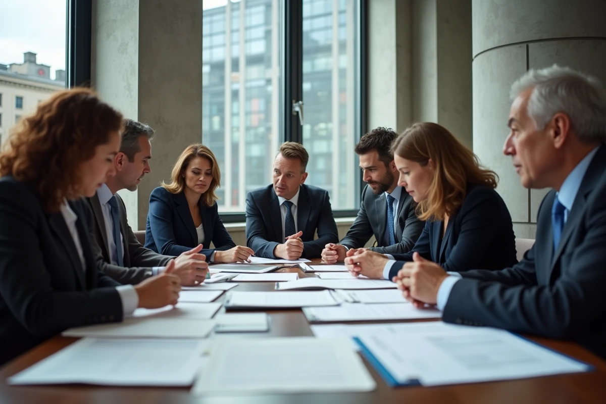 Groupe diversifié discutant de papiers RNCP dans un bureau