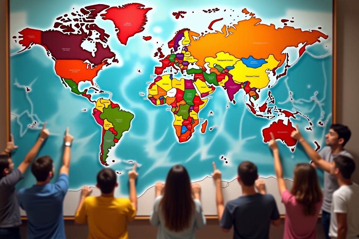 Groupe divers autour d'une carte du monde pointant leur pays