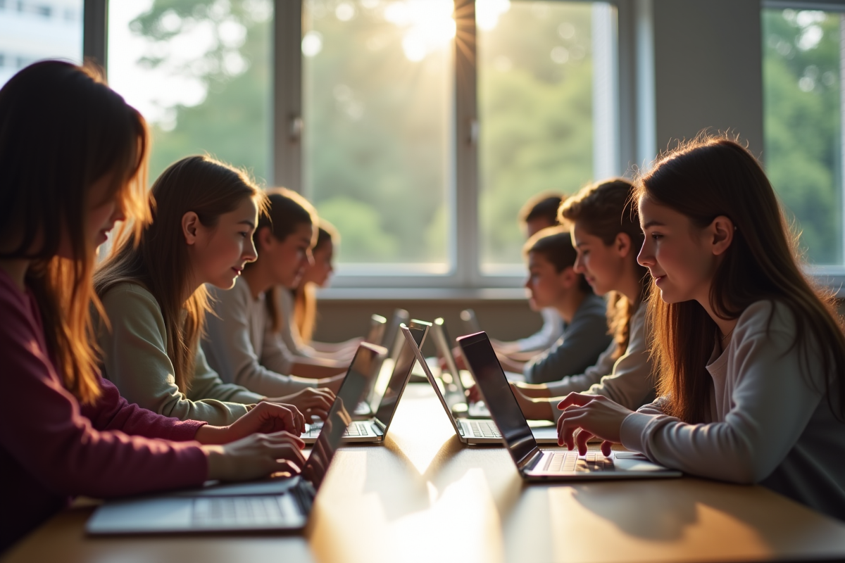Groupe d'étudiants divers utilisant ordinateurs en classe lumineuse