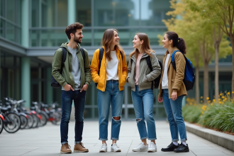 Groupe de jeunes adultes dans un campus moderne
