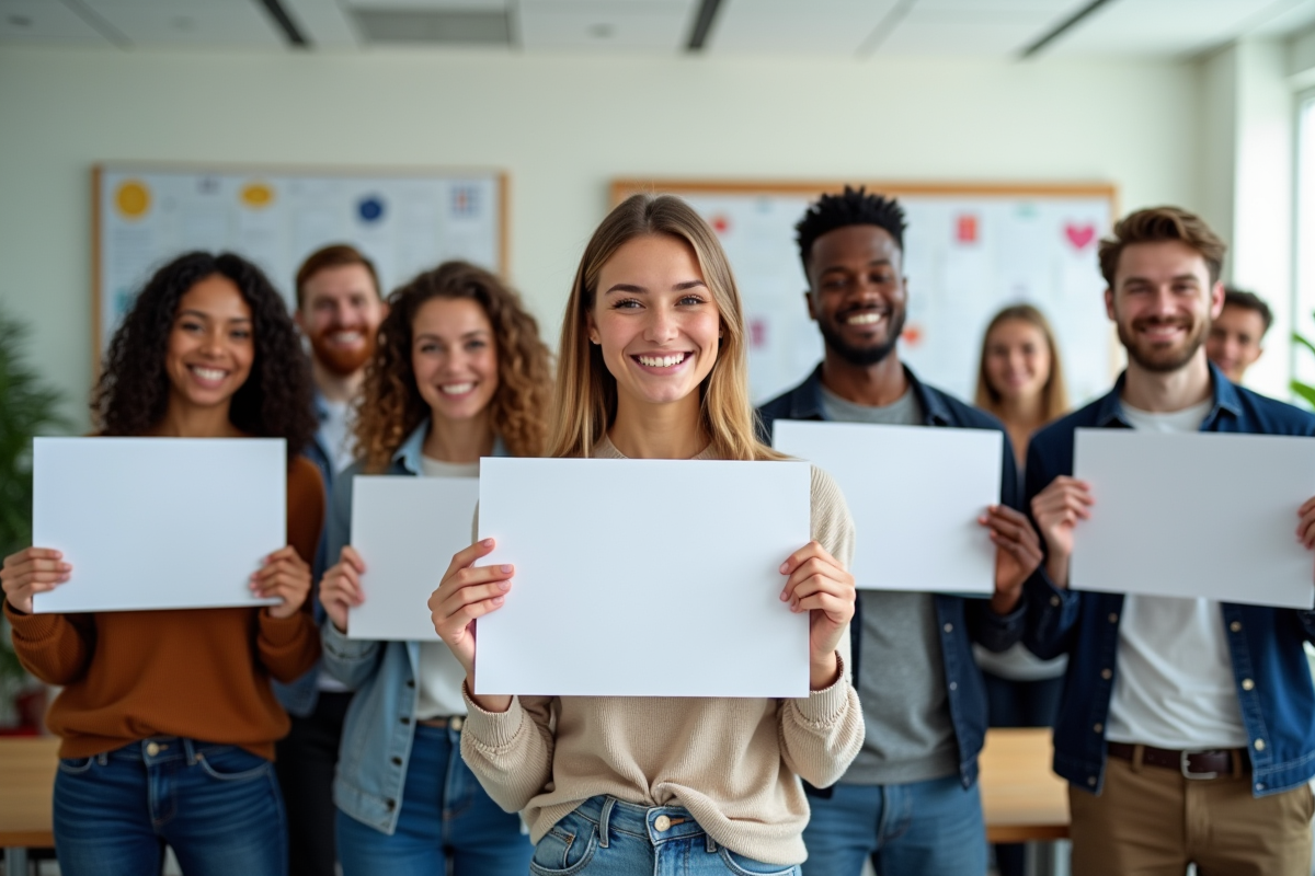 Groupe de jeunes adultes souriants avec diplômes dans une salle moderne