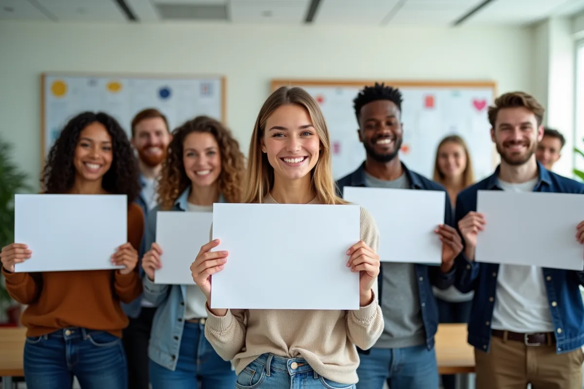 Groupe de jeunes adultes souriants avec diplômes dans une salle moderne