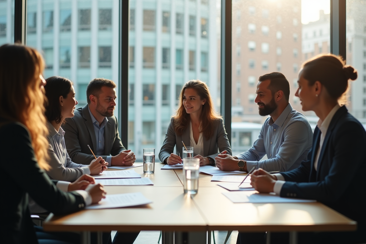 Groupe de professionnels en réunion dans un bureau lumineux