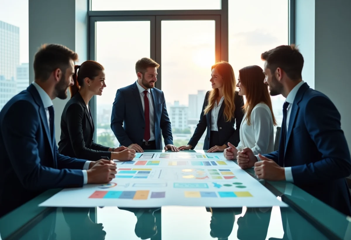 Groupe de professionnels collaborant autour d'un tableau coloré