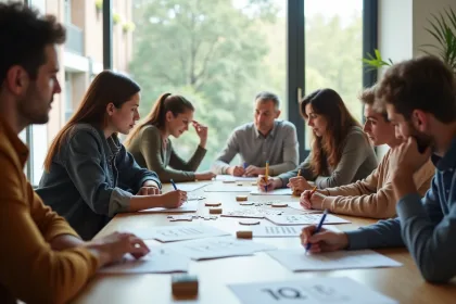 Groupe diversifié résolvant des puzzles dans une salle lumineuse