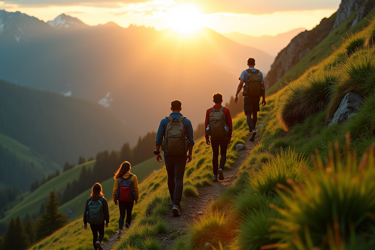 Groupe de personnes gravissant une montagne au lever du soleil