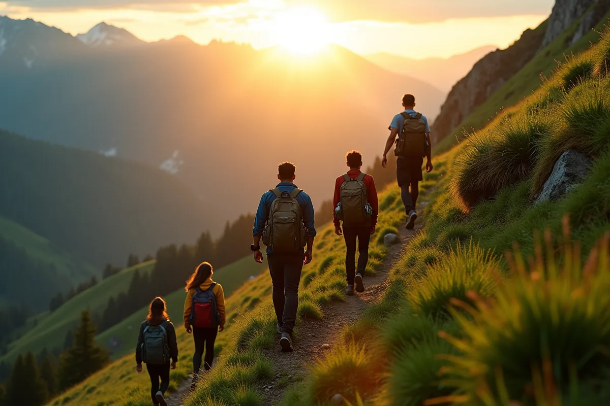 Groupe de personnes gravissant une montagne au lever du soleil
