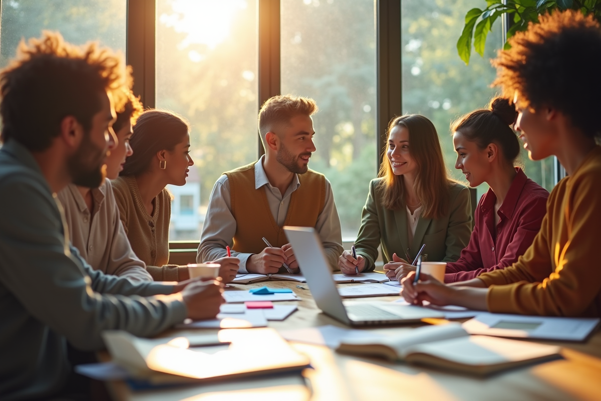 Groupe de personnes collaborant autour d'un espace de travail lumineux