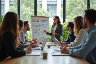 Groupe diversifié en réunion de travail en entreprise