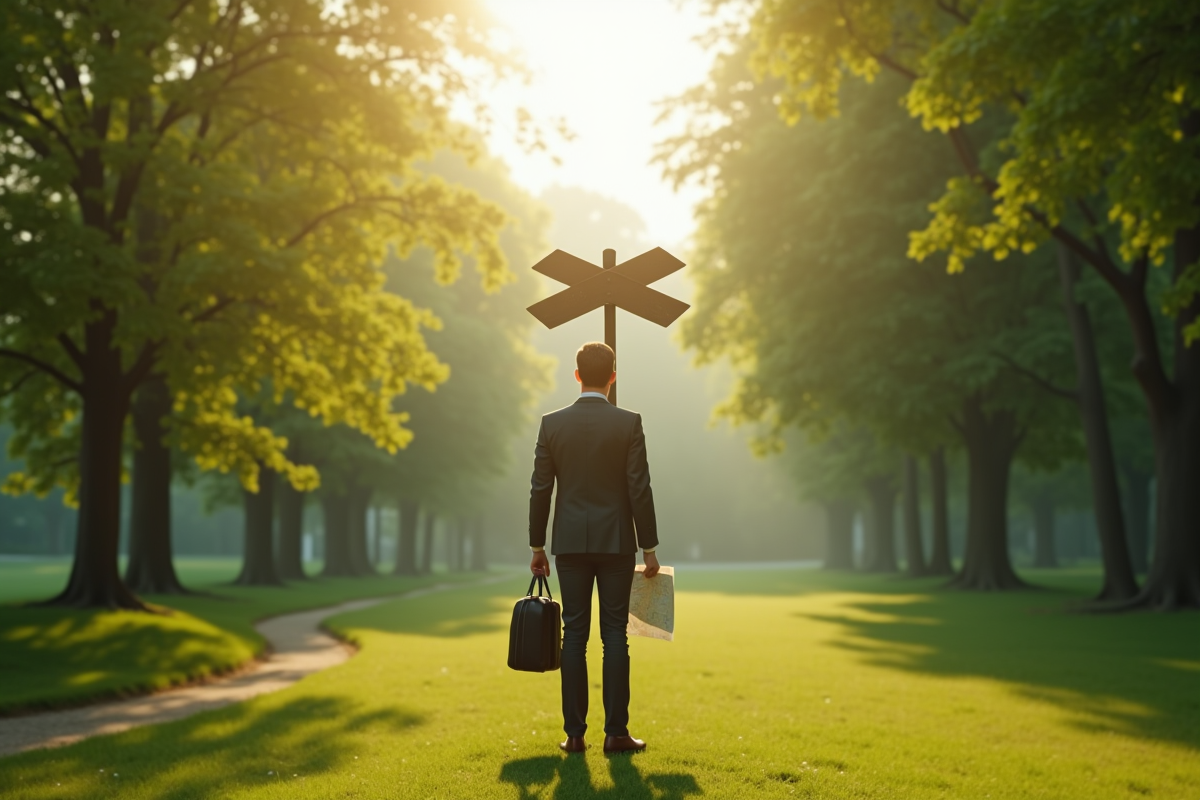 Homme à un croisement dans un parc ensoleille