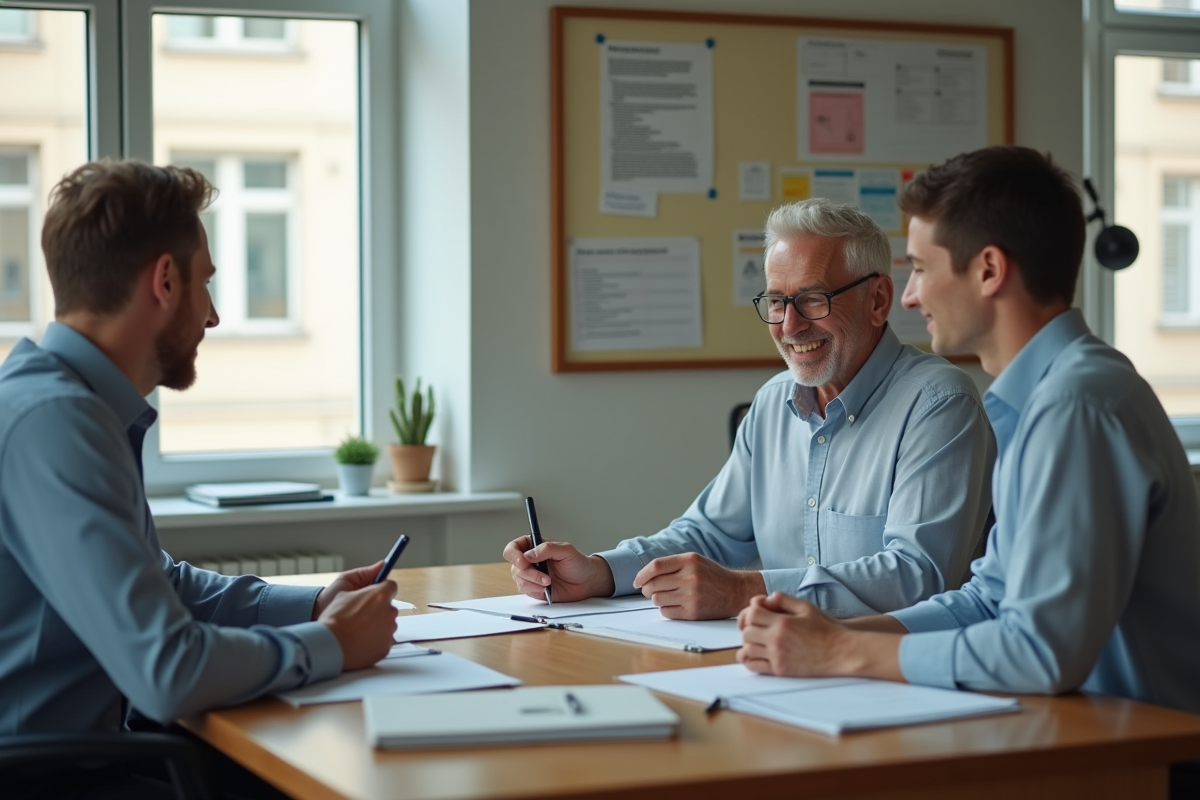 Homme d age consultent un conseiller dans un bureau lumineux