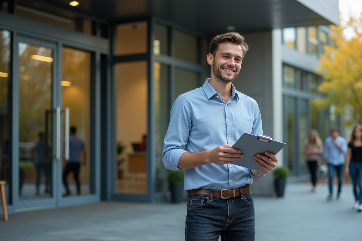 Jeune homme souriant devant un bâtiment moderne