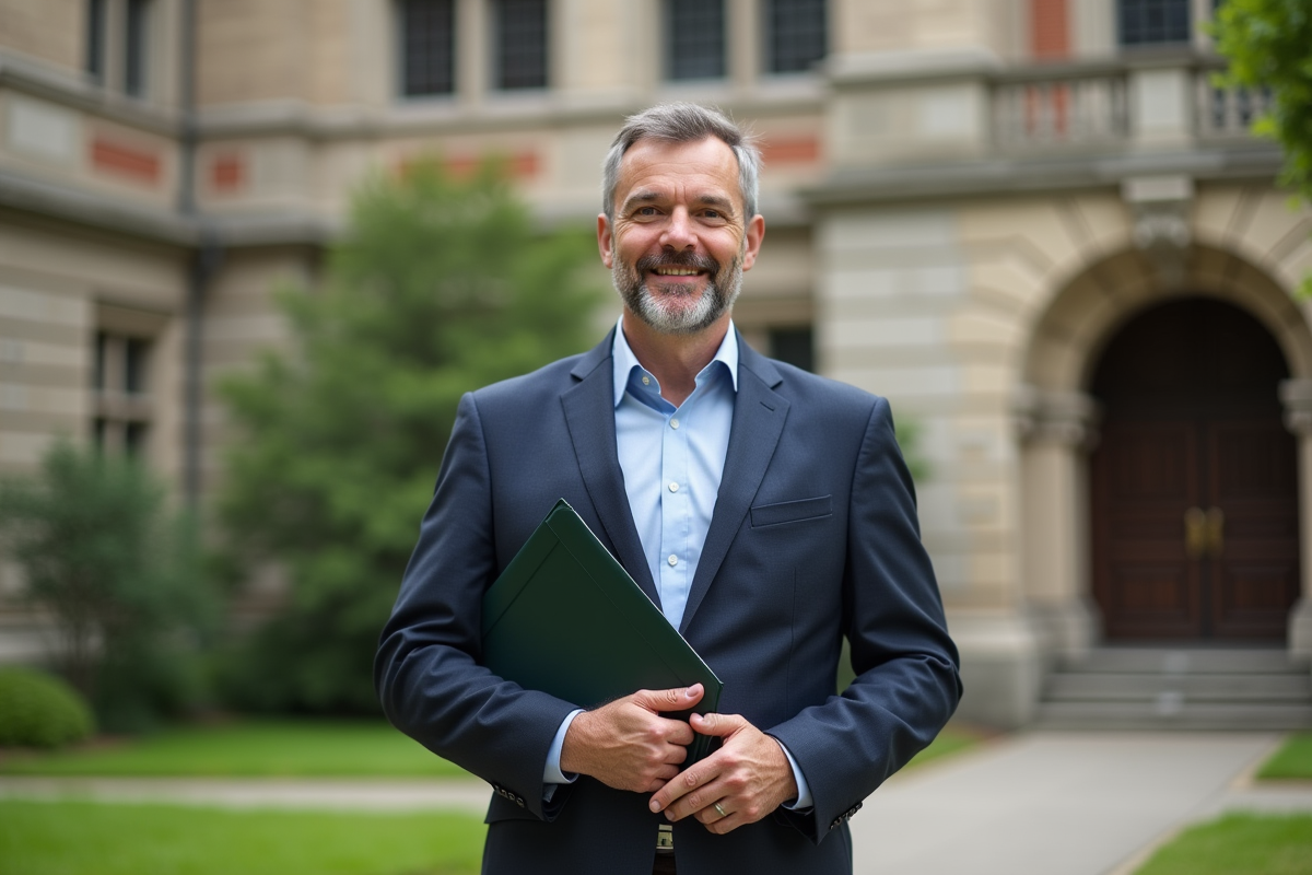 Homme diplômé souriant sur le campus universitaire