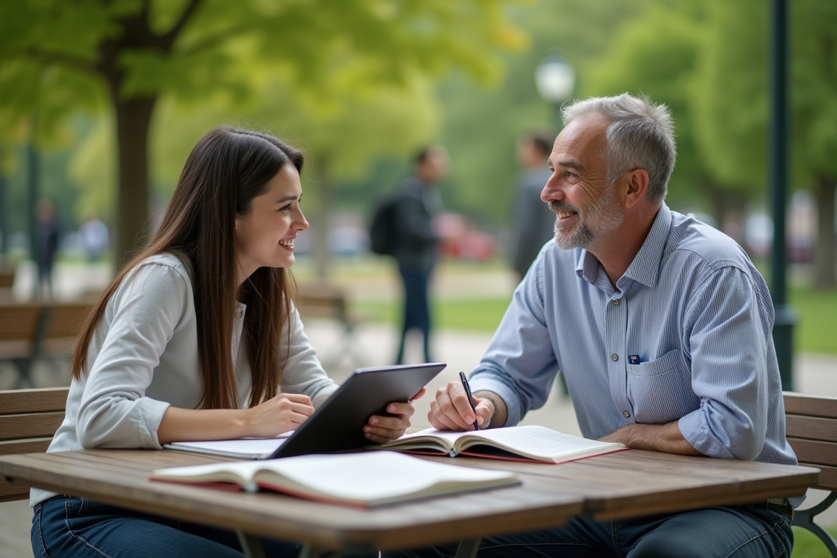 Homme et jeune femme discutant en plein air dans un parc