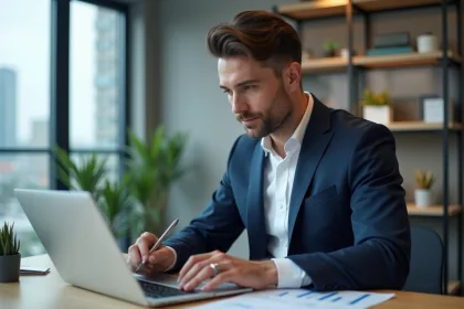 Homme d'affaires en costume bleu analysant des graphiques financiers