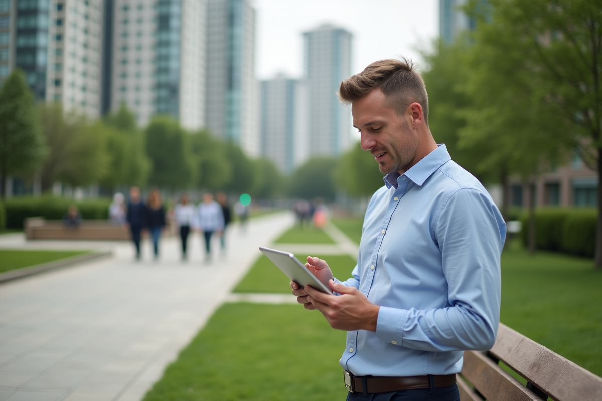 Homme lisant des questions sur une tablette en plein air