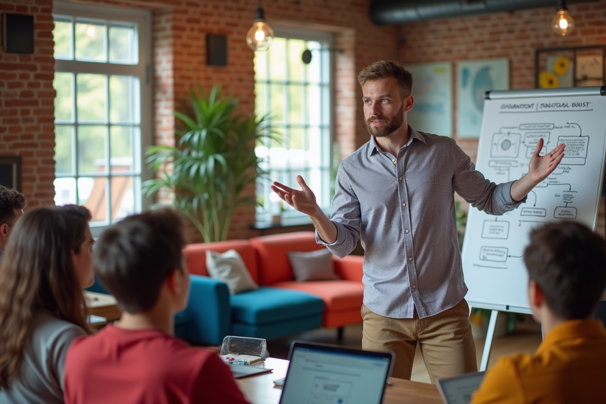 Homme présentant un flowchart dans un espace de coworking
