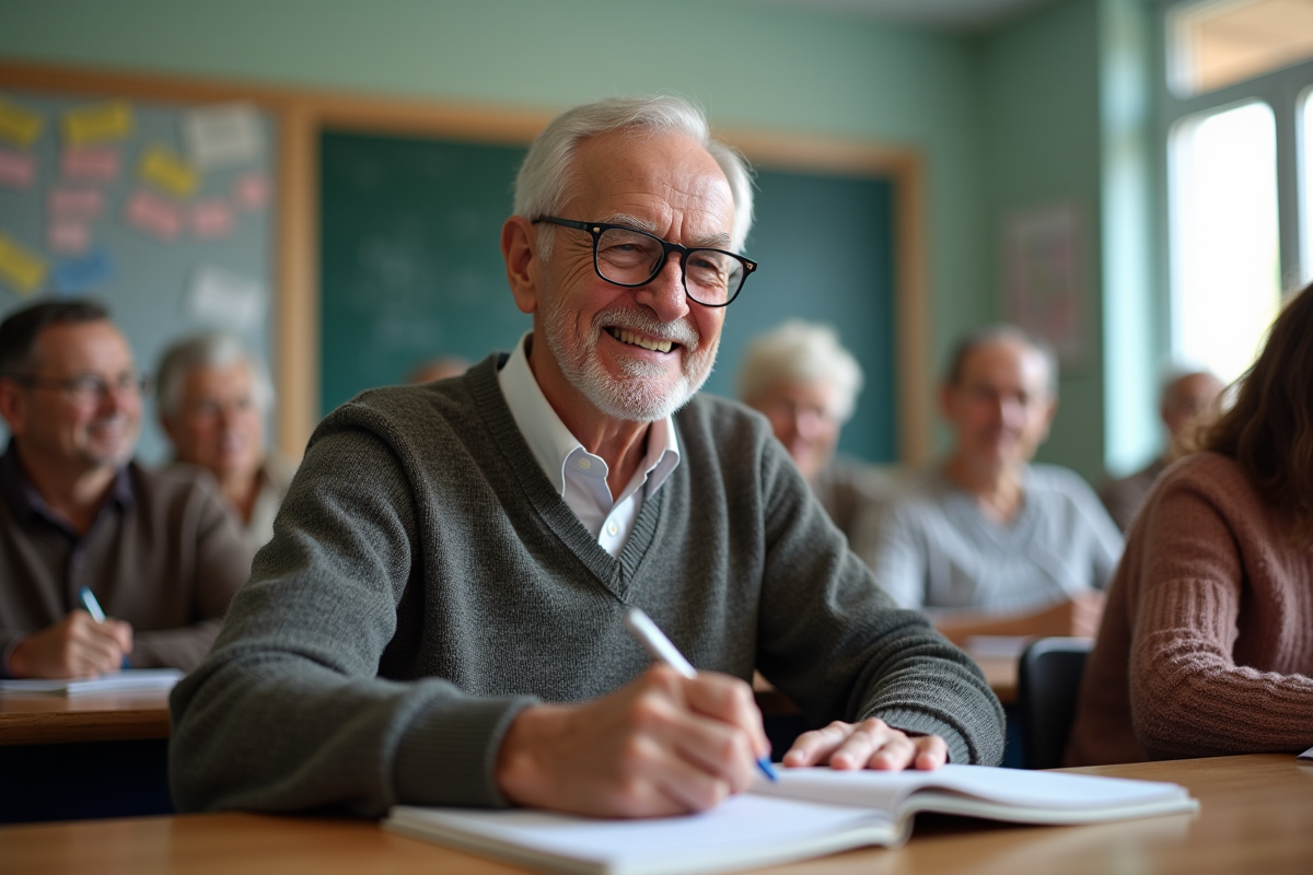 Homme retraité en classe avec autres seniors et matériel éducatif