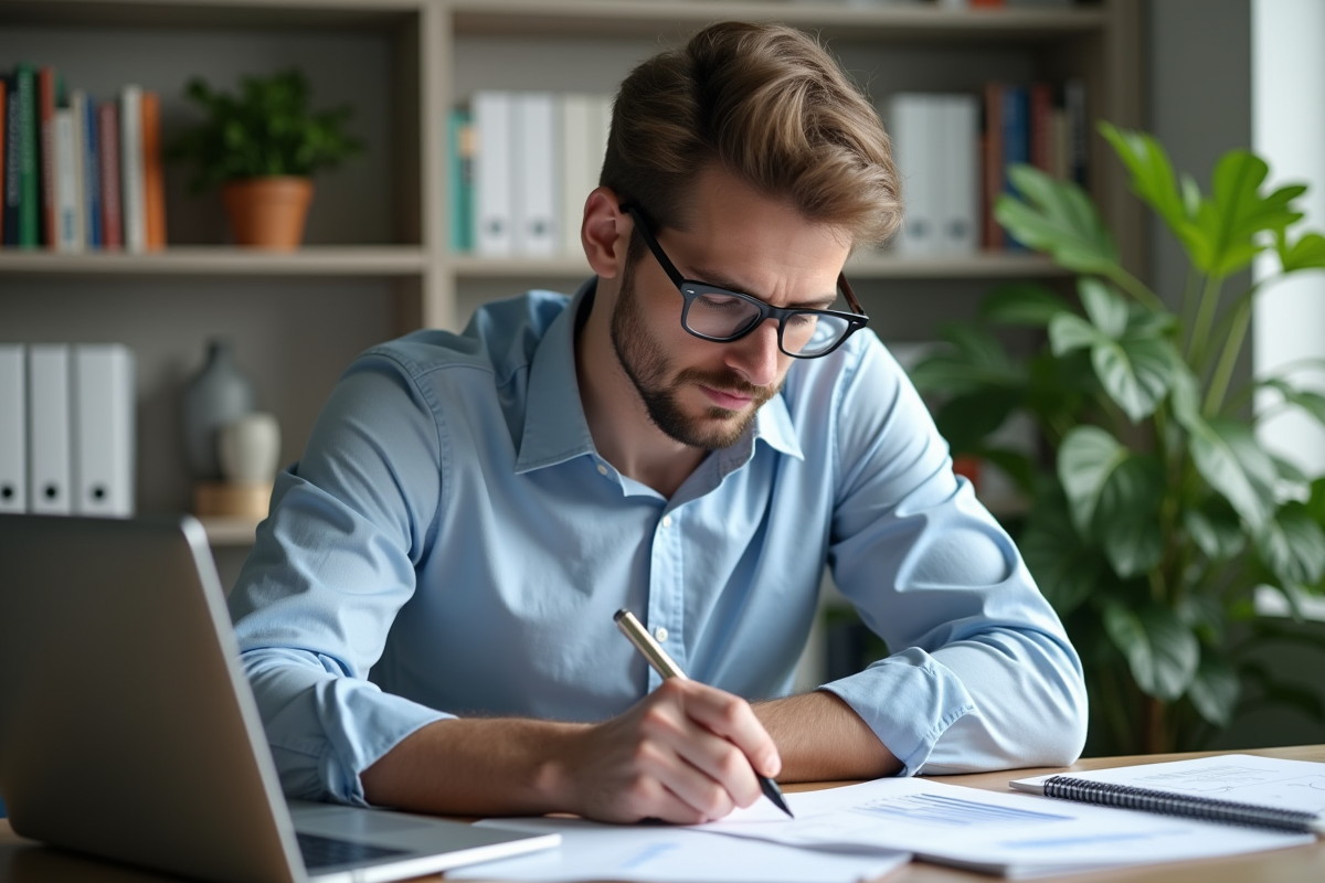 Homme professionnel évaluant une checklist au bureau