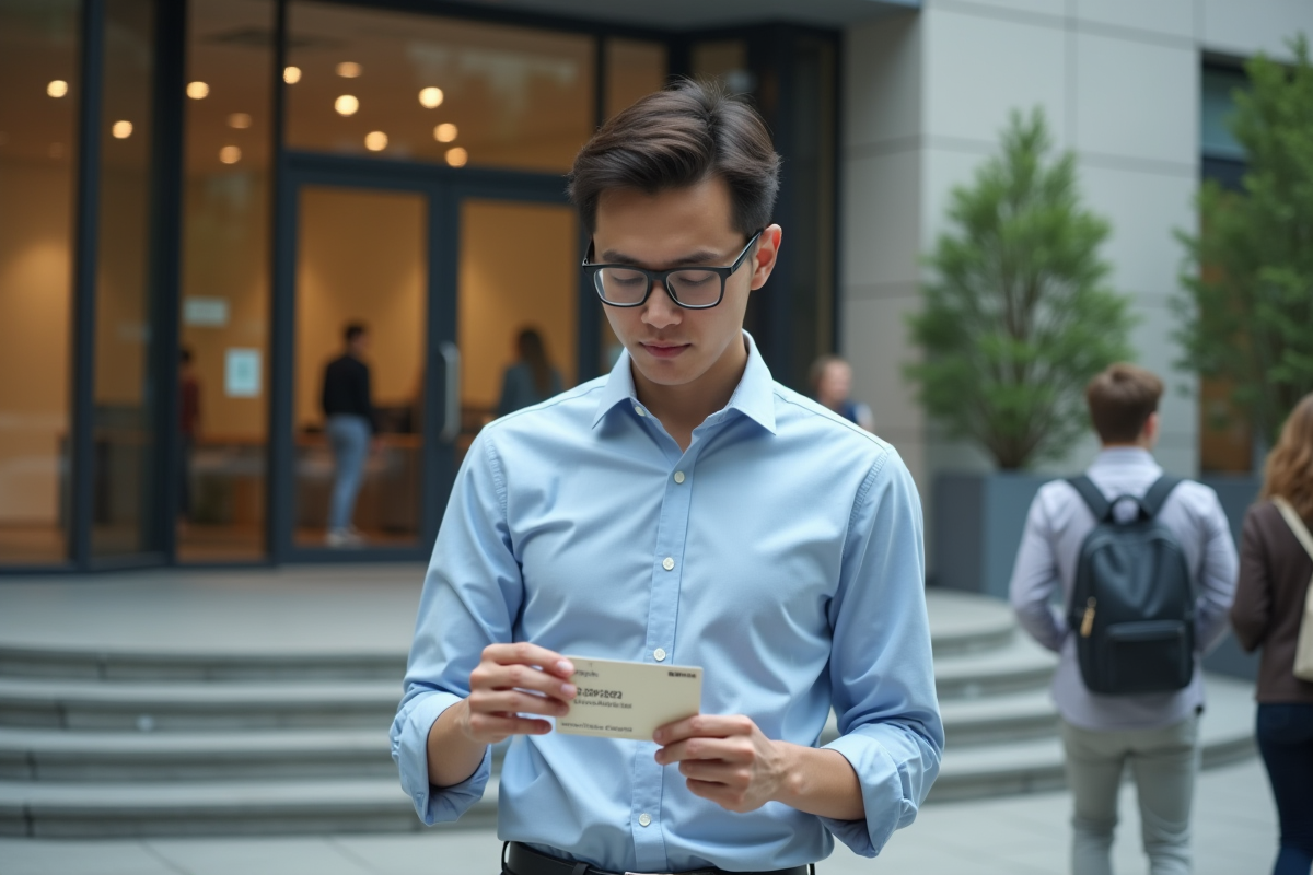 Jeune homme vérifiant la date d expiration d une carte de certification