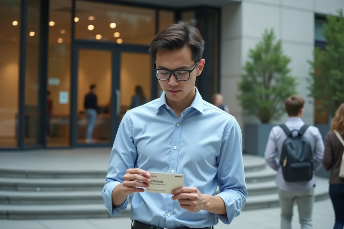 Jeune homme vérifiant la date d expiration d une carte de certification