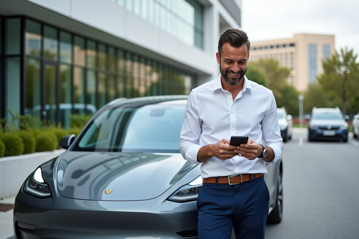 Homme souriant vérifiant son téléphone près d