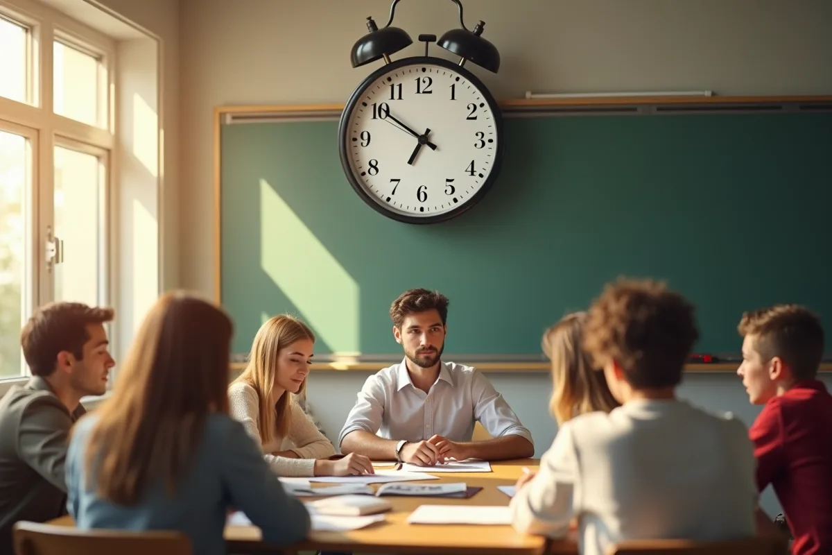 Horloge analogique dans une salle de classe ensoleillee