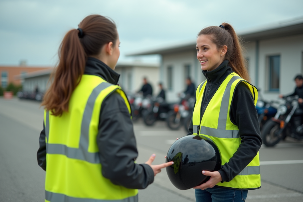 Instructrice de moto donnant des conseils à un élève