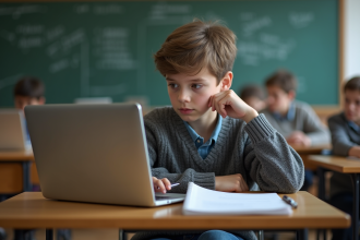 Jeune adolescent en classe avec ordinateur portable et carnet