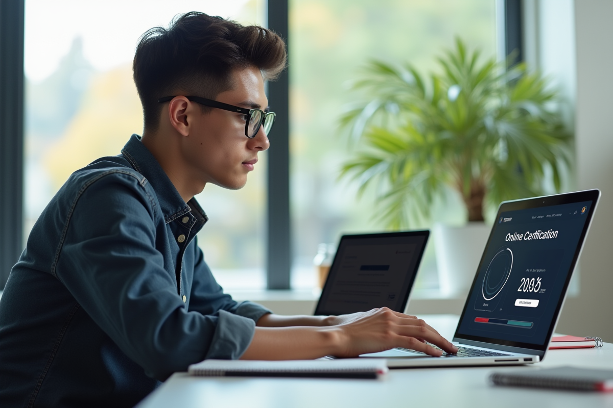Jeune adulte travaillant sur un ordinateur pour une certification