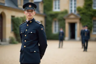 Jeune cadet en uniforme SaintCyr devant l école