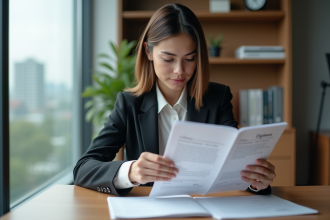 Jeune femme d'affaires examine des documents officiels dans un bureau moderne