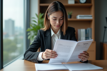 Jeune femme d'affaires examine des documents officiels dans un bureau moderne