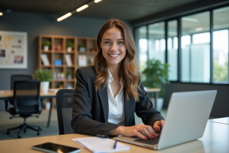 Jeune femme en bureau moderne souriante au travail