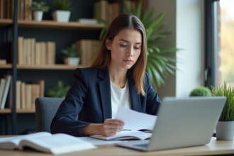 Jeune femme concentrée en étude à domicile avec ordinateur