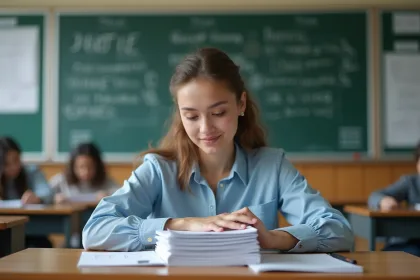 Jeune femme en étude universitaire dans une salle moderne