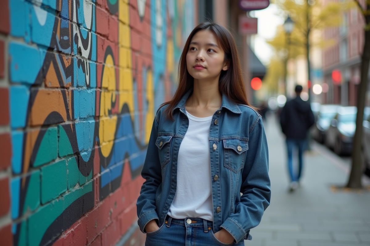 Jeune entrepreneure devant un mur de street art symbolisant l