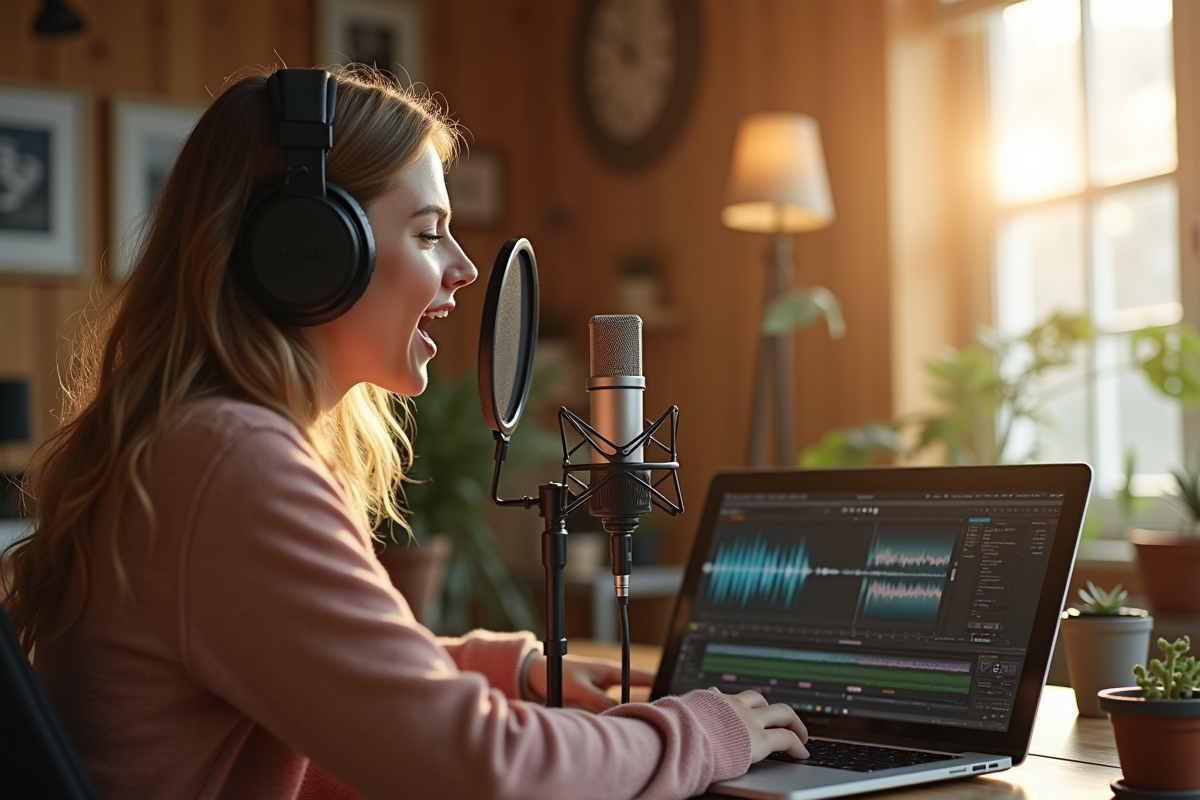 Jeune femme avec casque parlant dans un studio lumineux