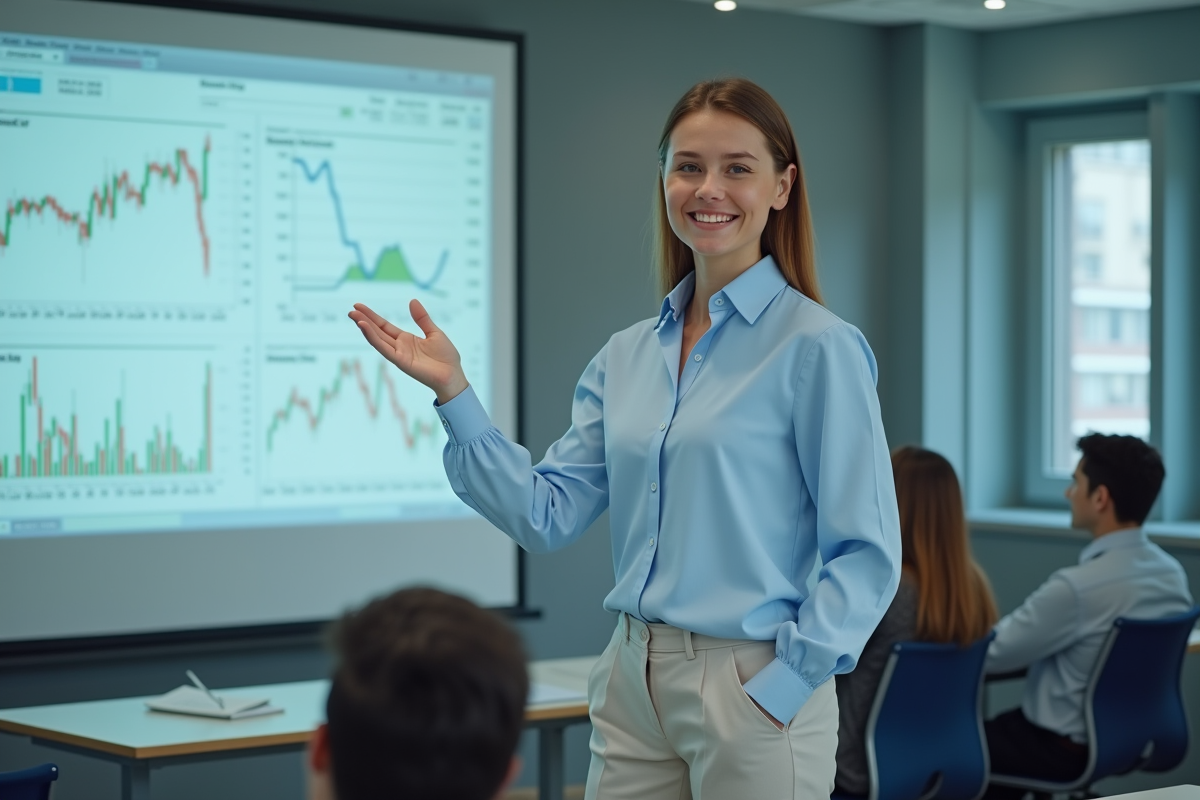Jeune femme en blouse bleue expliquant des graphiques financiers